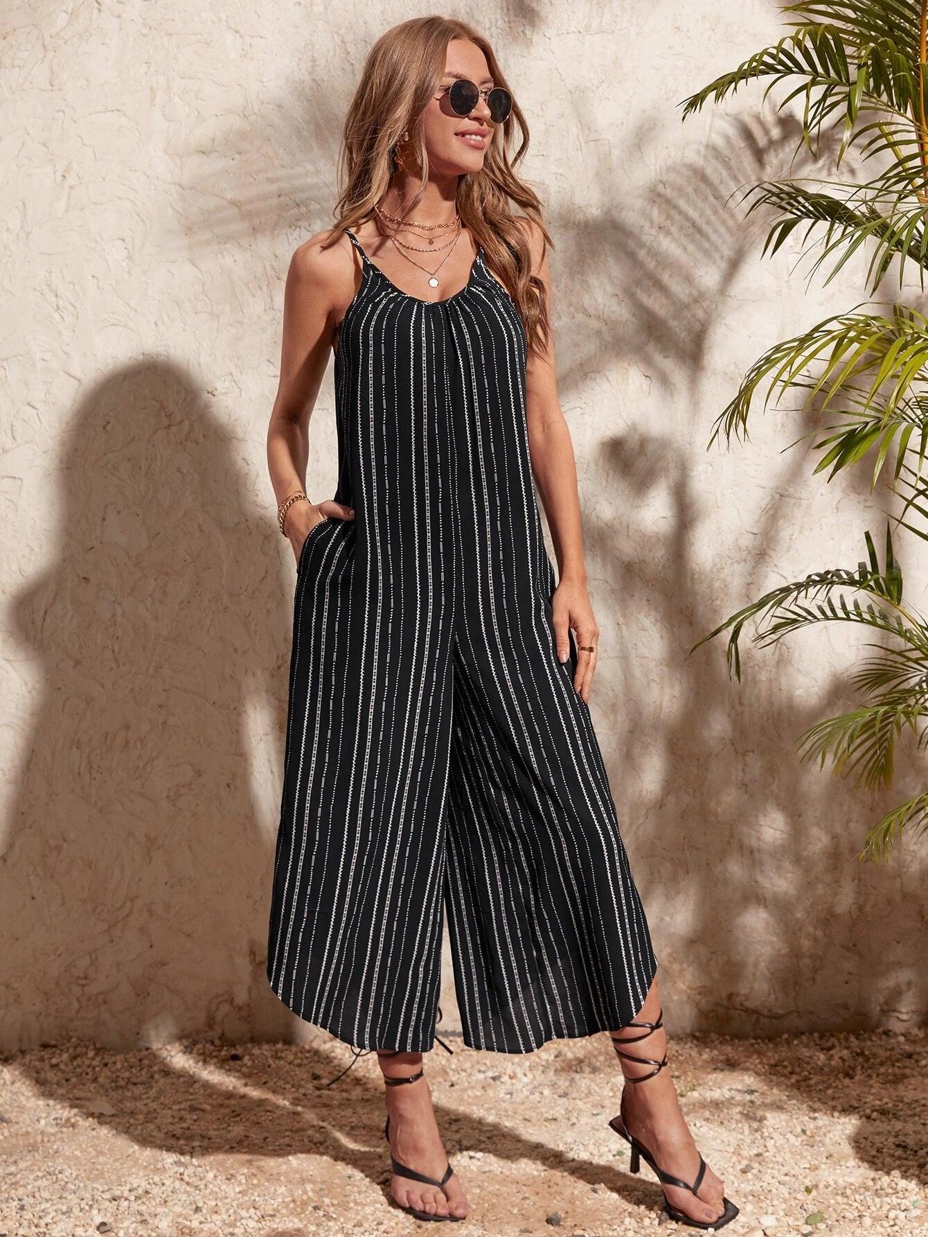Striped Print Cami Jumpsuit-Comfy Jumpsuits