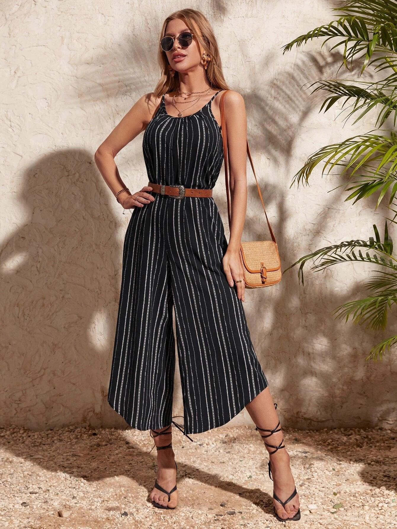 Striped Print Cami Jumpsuit-Comfy Jumpsuits