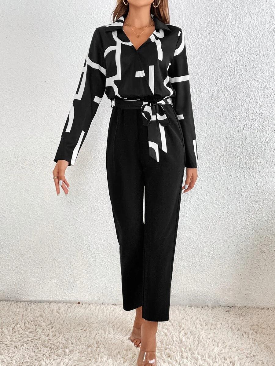 Graphic Print Belted Jumpsuit-Comfy Jumpsuits