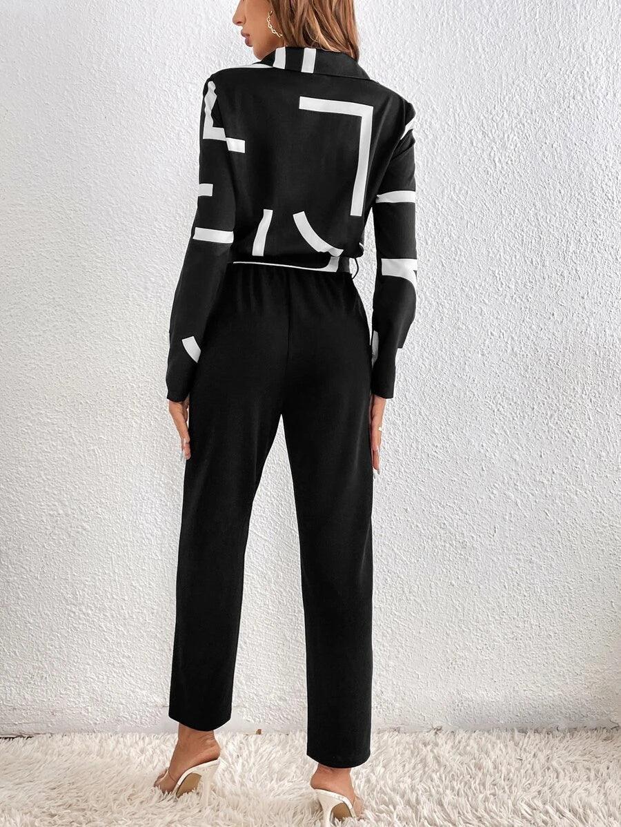 Graphic Print Belted Jumpsuit-Comfy Jumpsuits