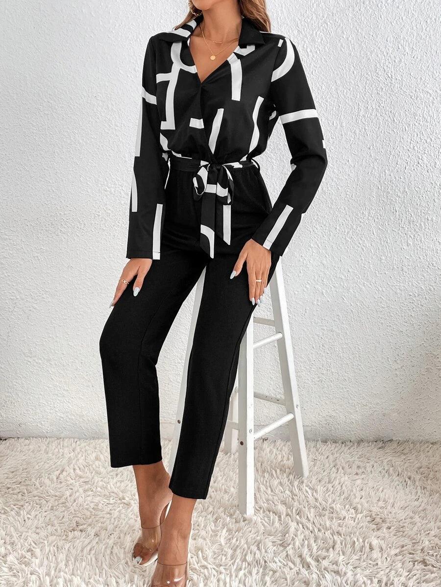 Graphic Print Belted Jumpsuit-Comfy Jumpsuits