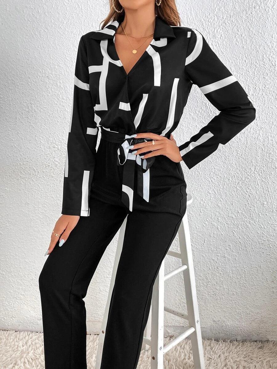 Graphic Print Belted Jumpsuit-Comfy Jumpsuits