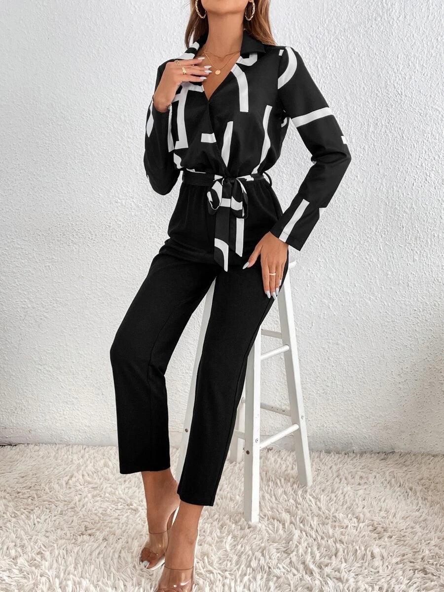 Graphic Print Belted Jumpsuit-Comfy Jumpsuits