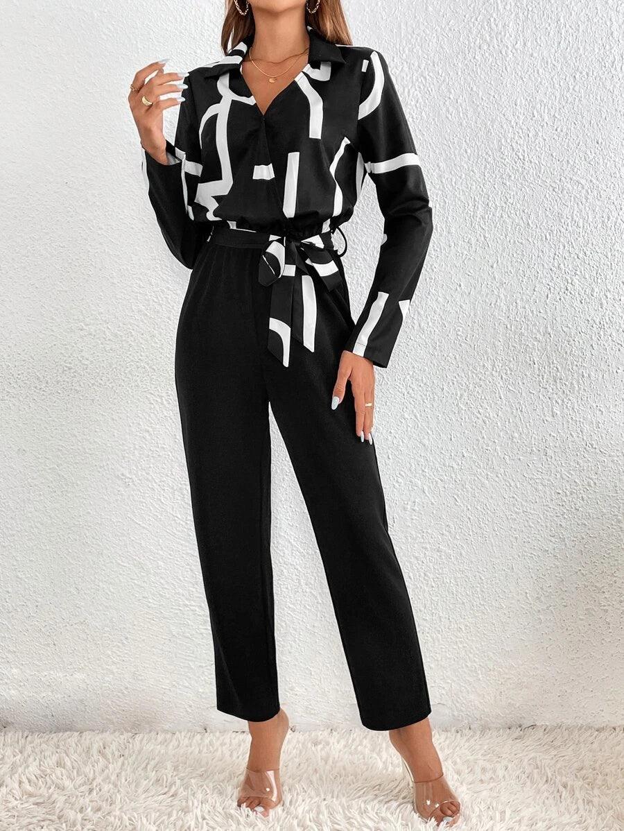 Graphic Print Belted Jumpsuit-Comfy Jumpsuits