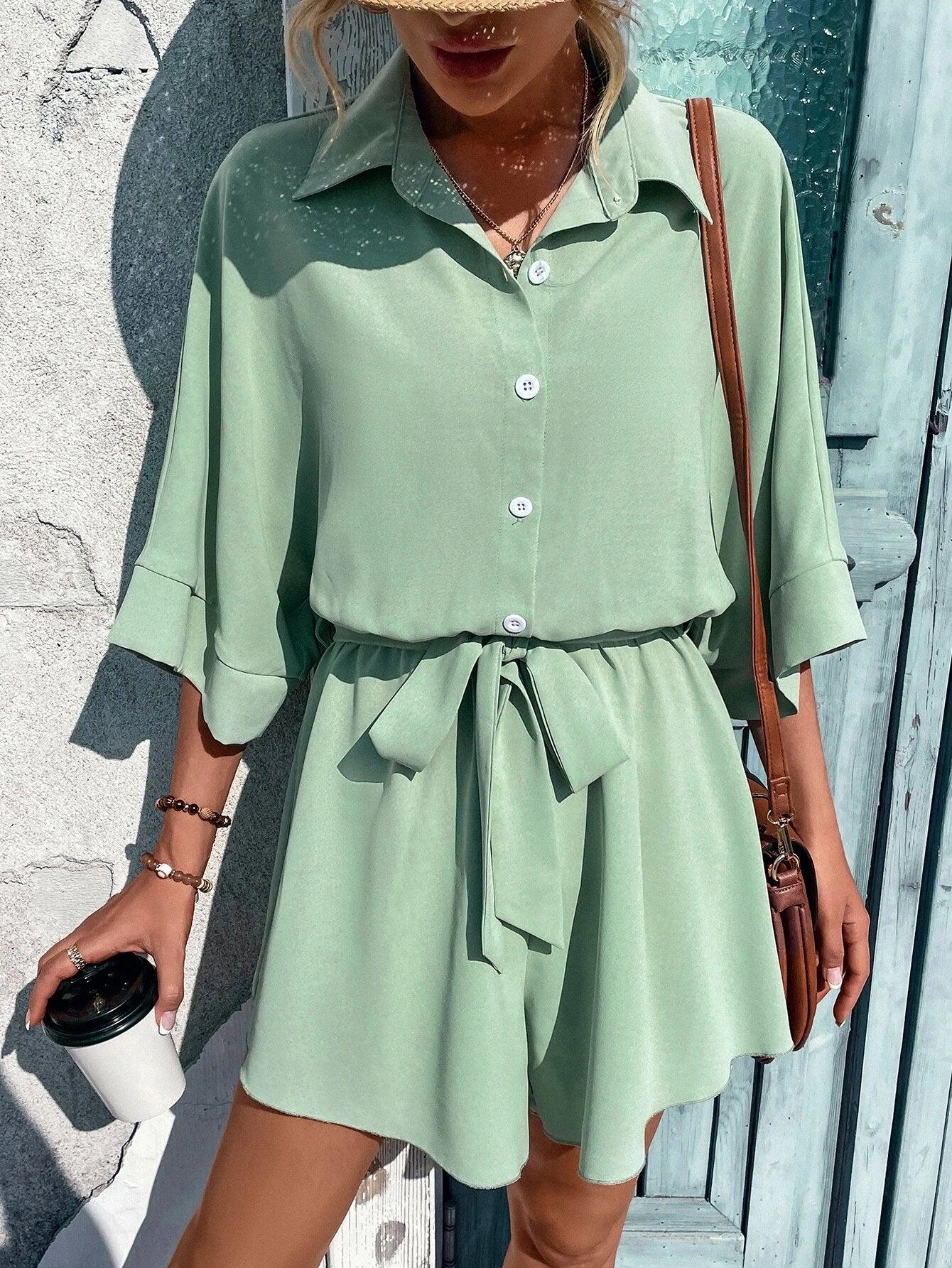 Batwing Sleeve Belted Shirt Romper-Comfy Jumpsuits