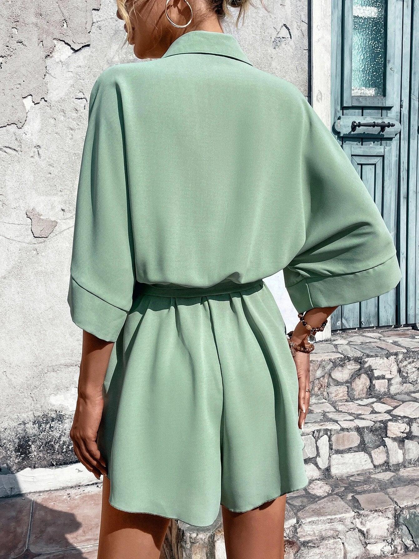 Batwing Sleeve Belted Shirt Romper-Comfy Jumpsuits