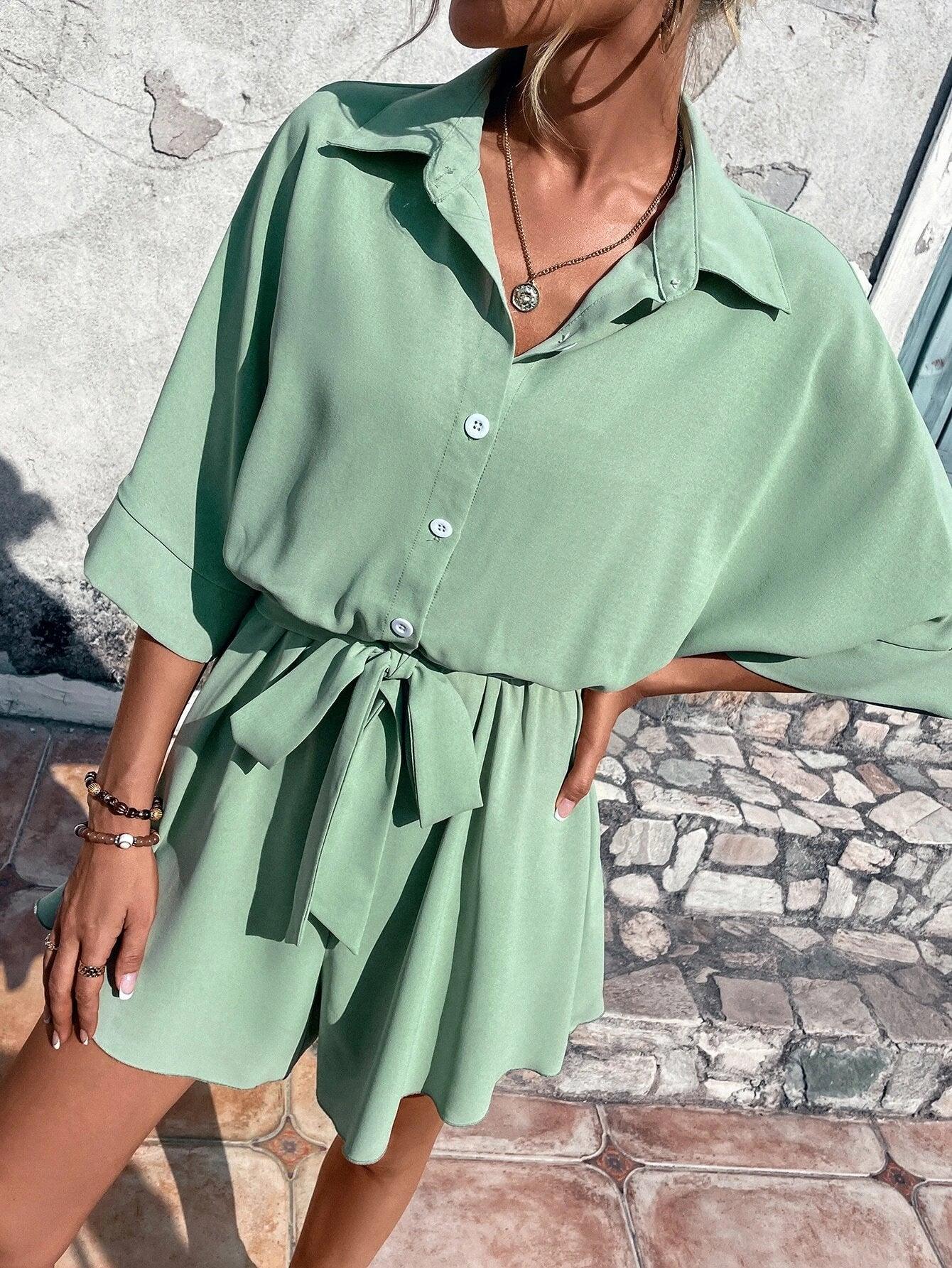 Batwing Sleeve Belted Shirt Romper-Comfy Jumpsuits