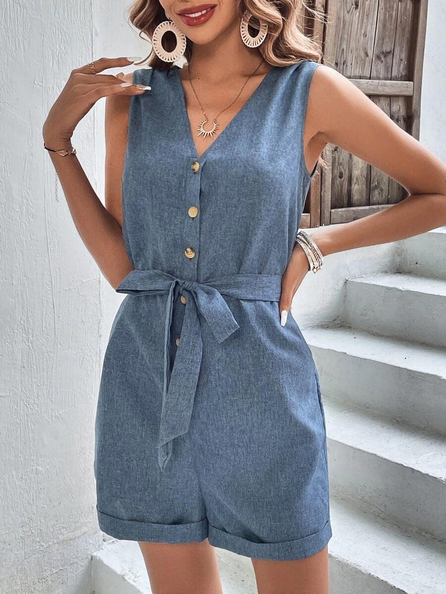 Button Front Belted Romper-Comfy Jumpsuits