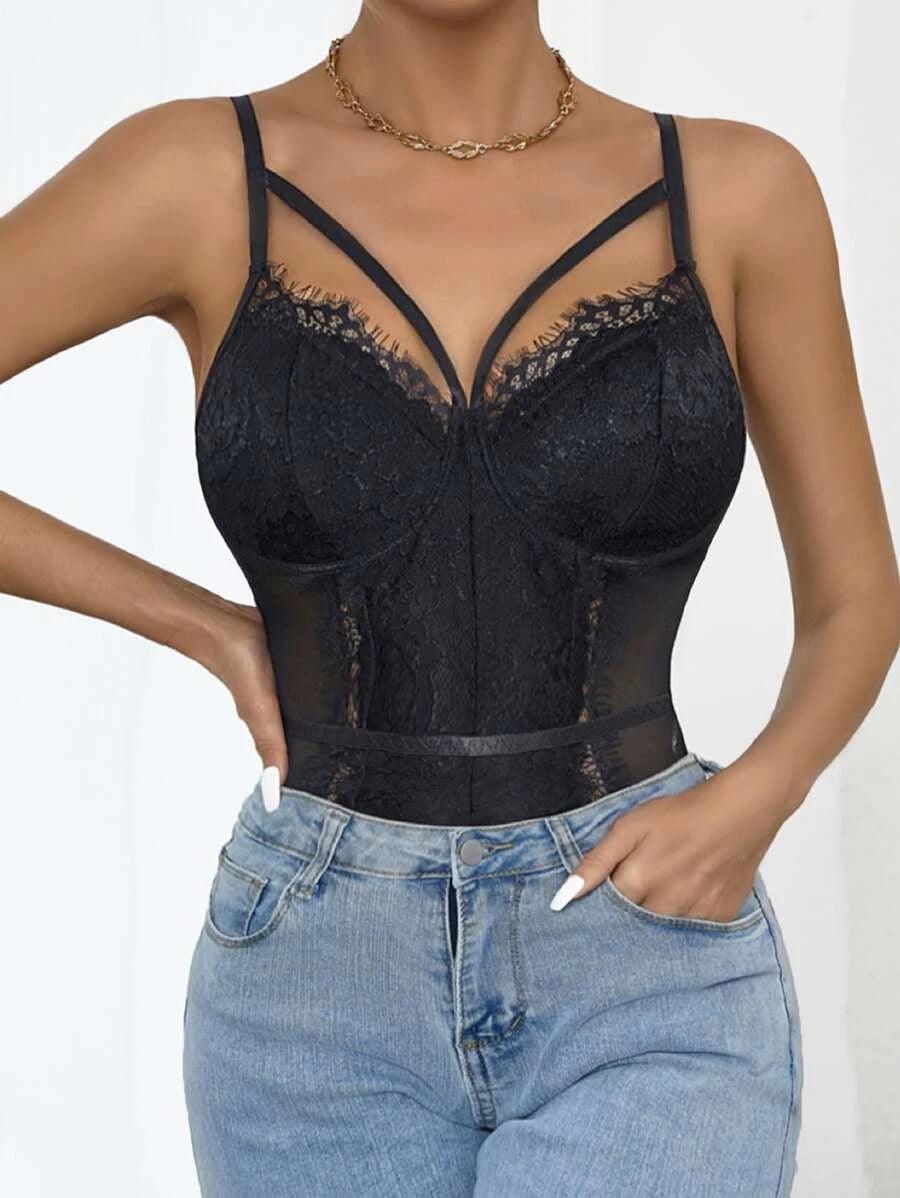 Lace Panel Sleeveless Camisole Bodysuit-Comfy Jumpsuits