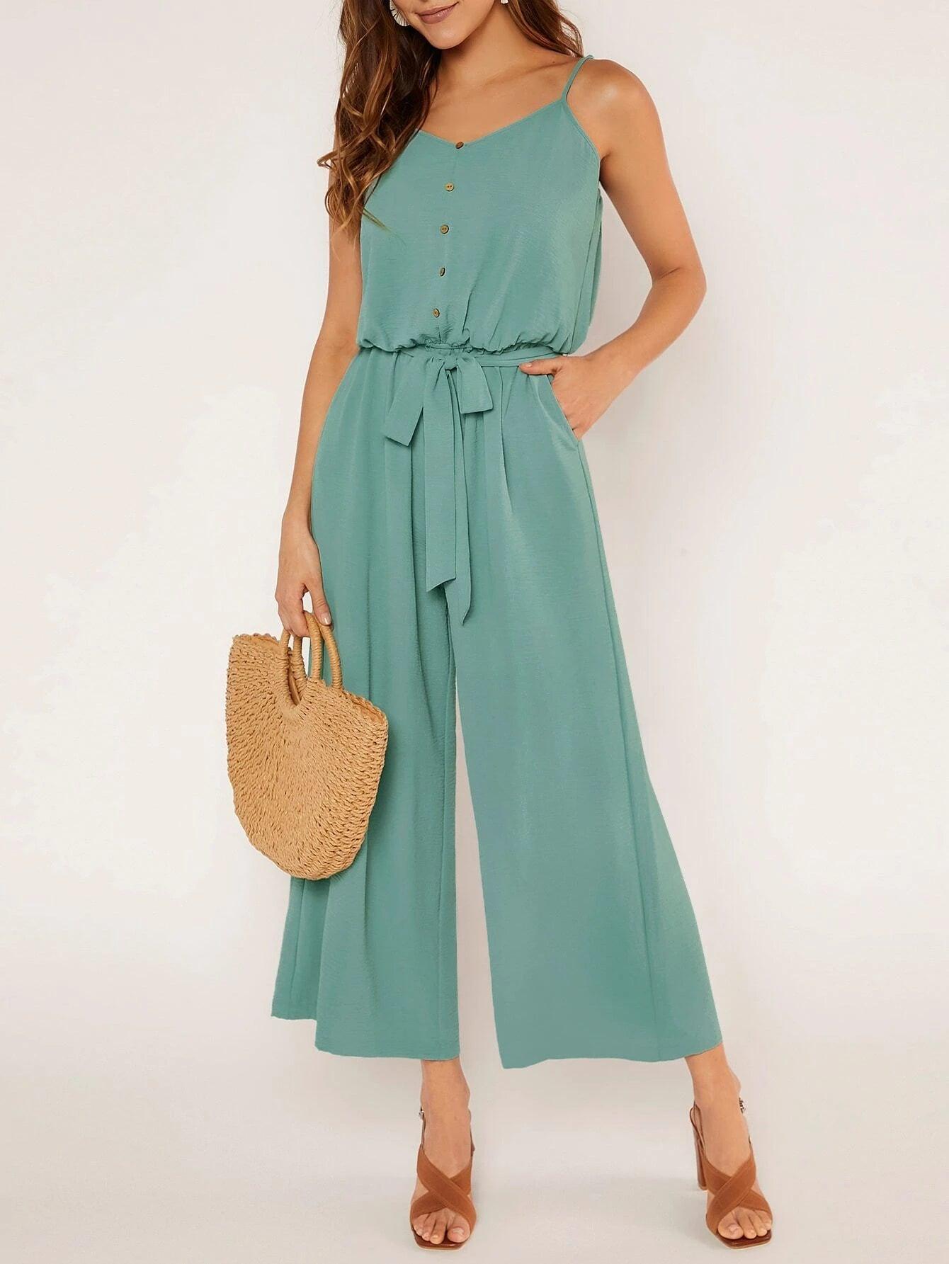 Button Front Belted Cami Jumpsuit-Comfy Jumpsuits