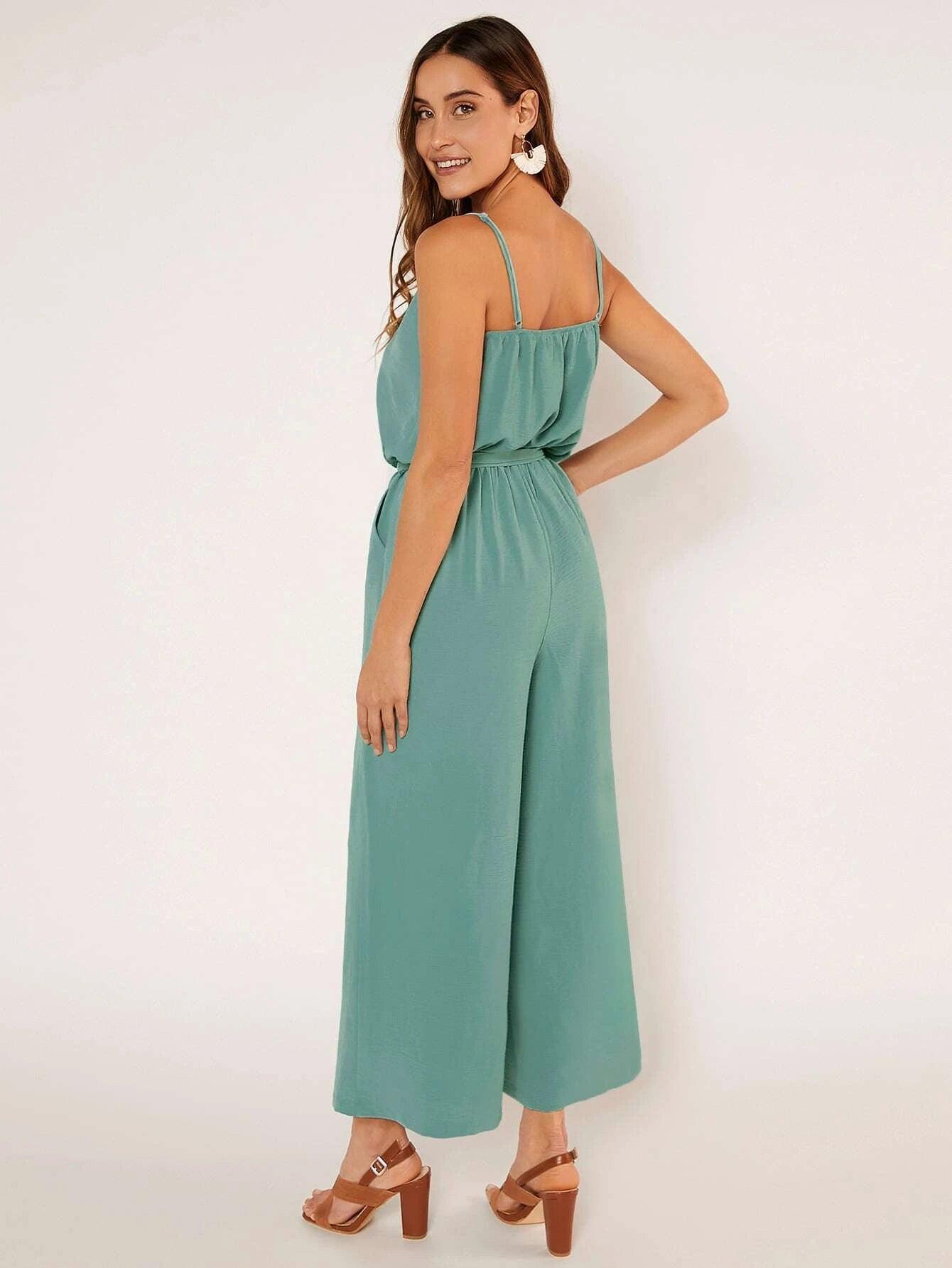 Button Front Belted Cami Jumpsuit-Comfy Jumpsuits