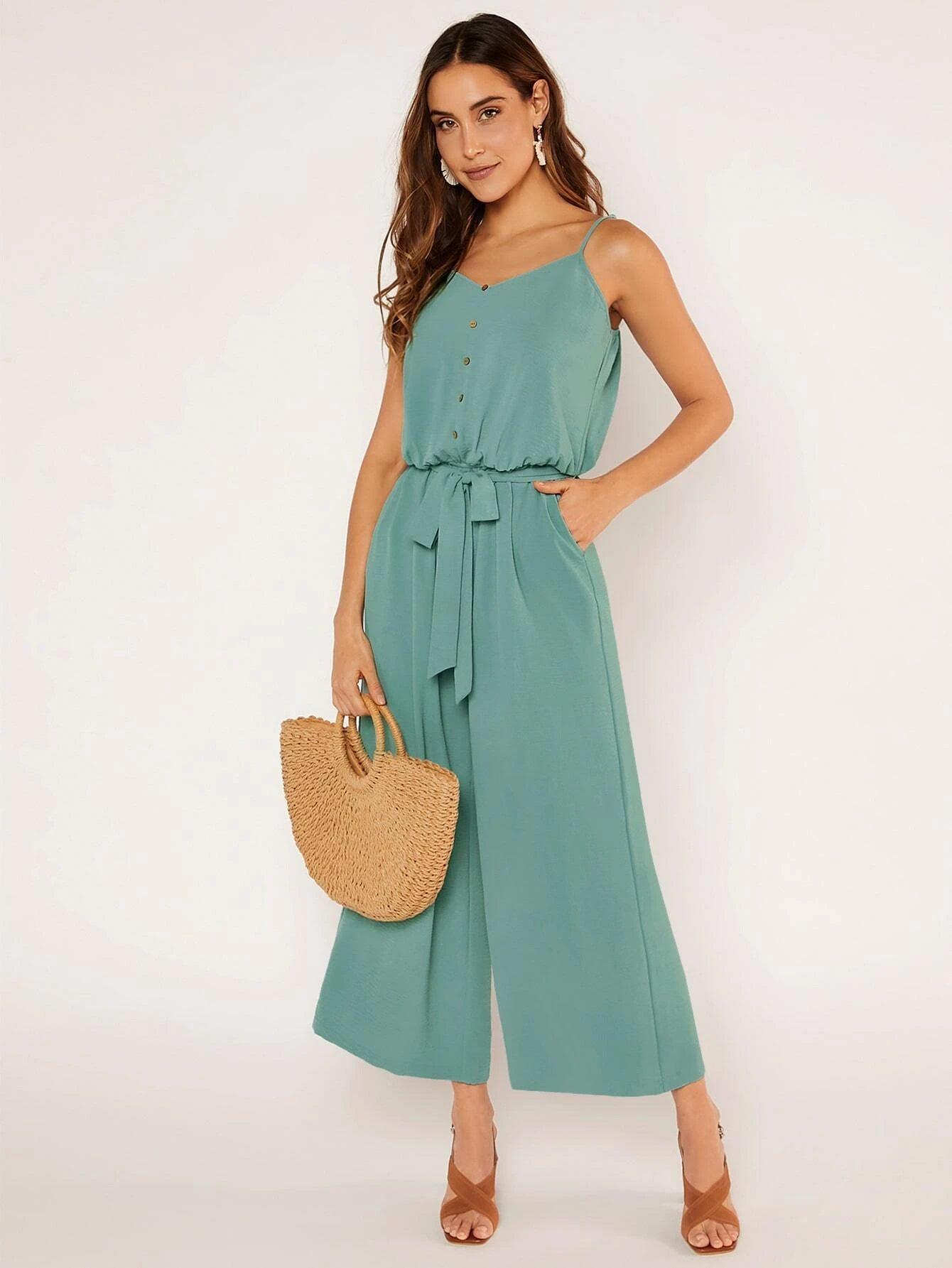 Button Front Belted Cami Jumpsuit-Comfy Jumpsuits