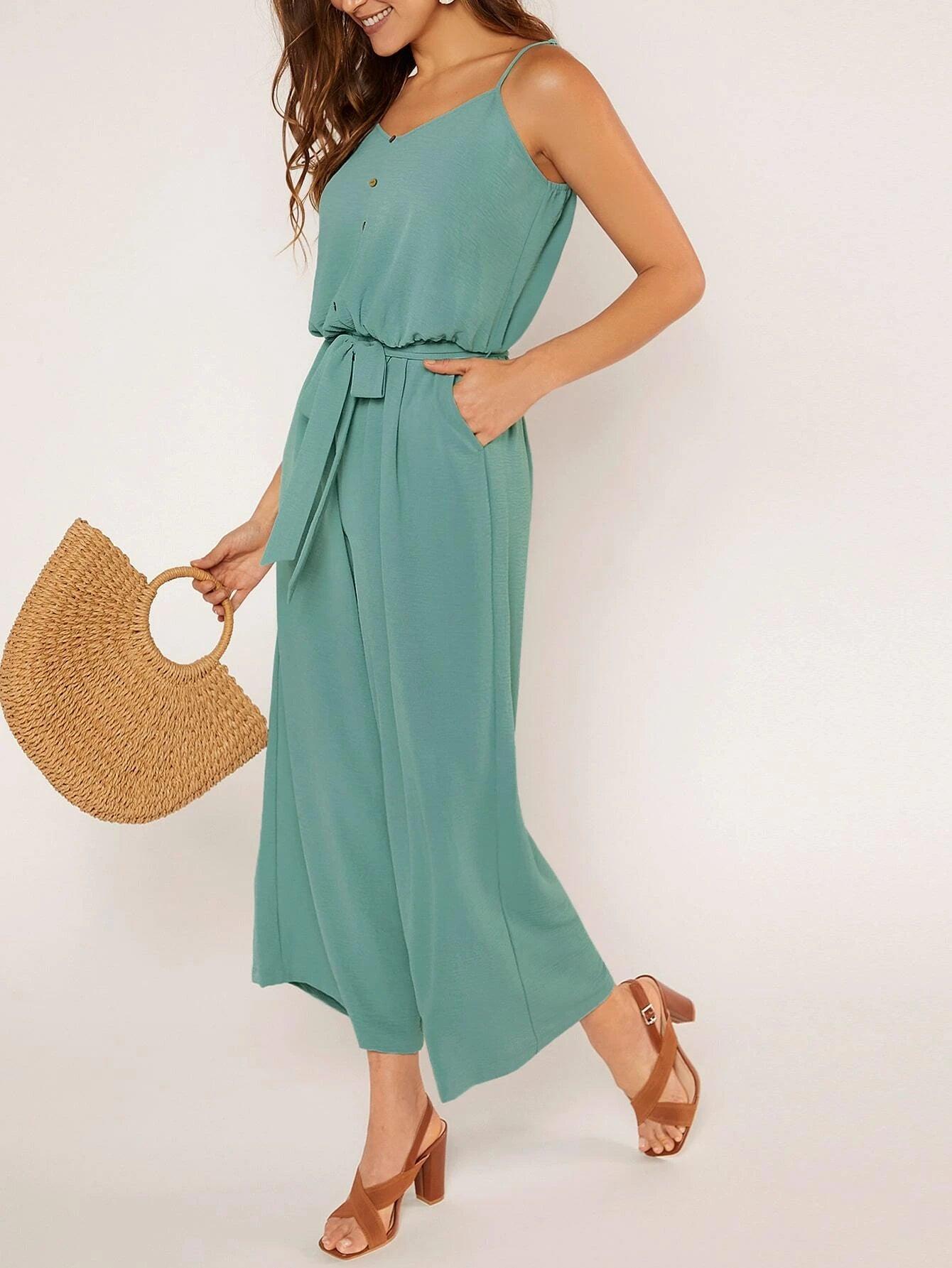 Button Front Belted Cami Jumpsuit-Comfy Jumpsuits