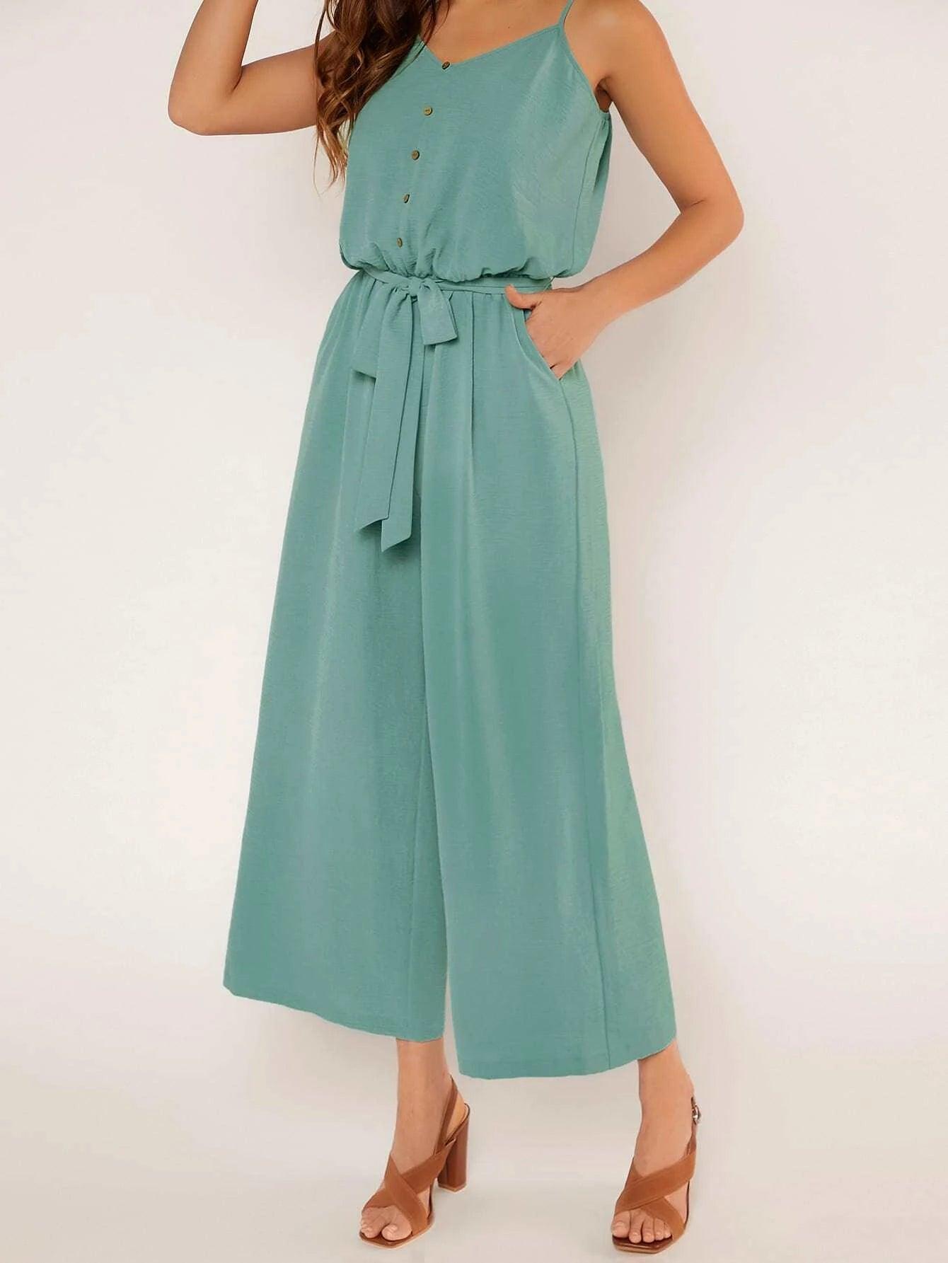Button Front Belted Cami Jumpsuit-Comfy Jumpsuits