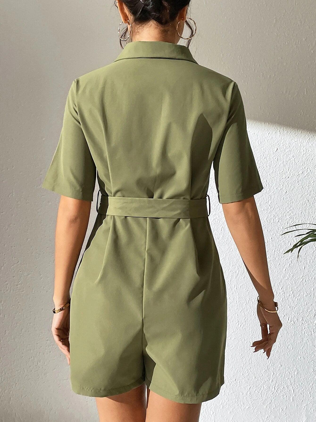 High Waist Zip Up Belted Romper-Comfy Jumpsuits