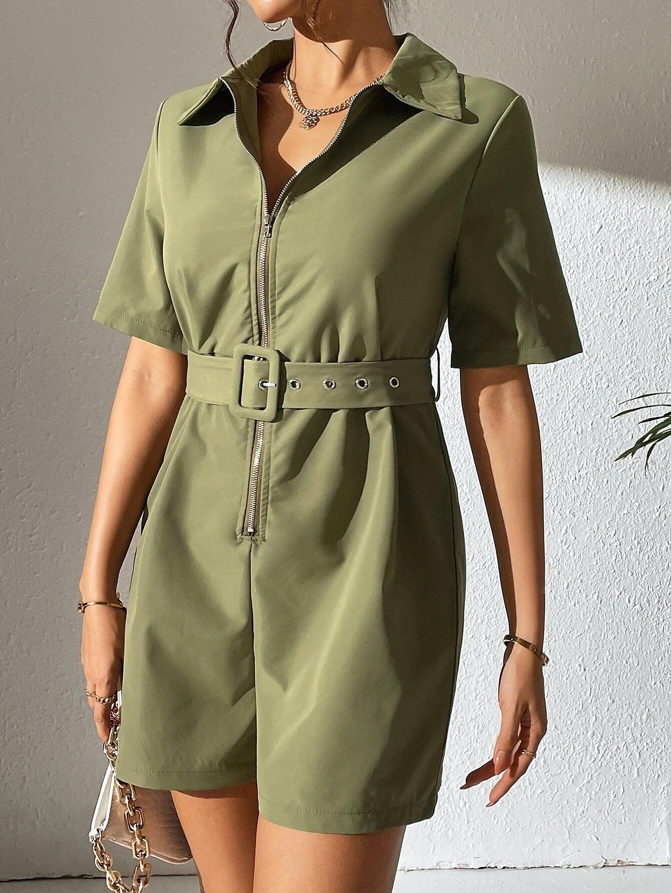 High Waist Zip Up Belted Romper-Comfy Jumpsuits
