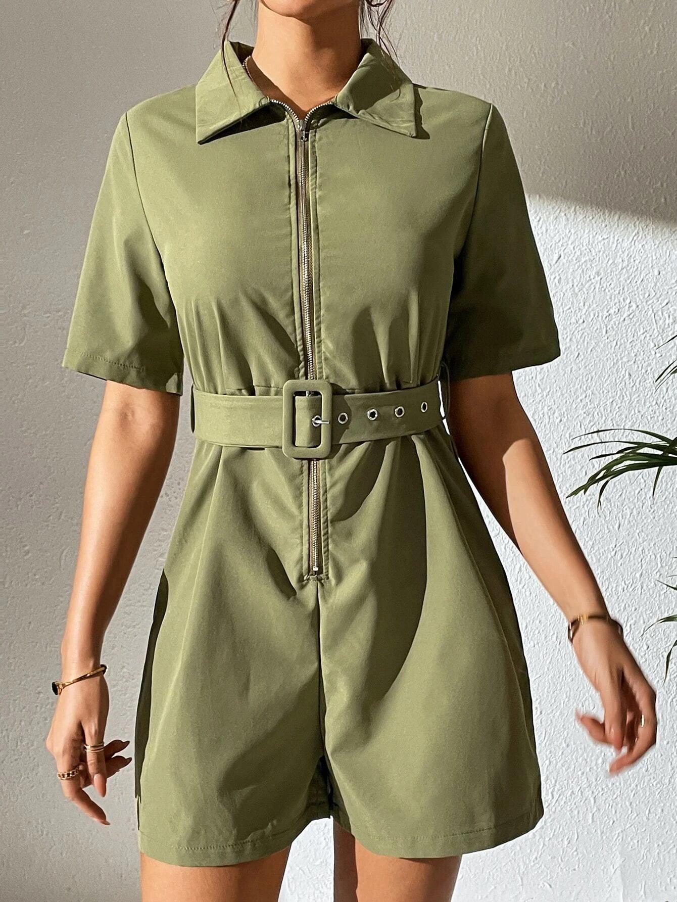 High Waist Zip Up Belted Romper-Comfy Jumpsuits