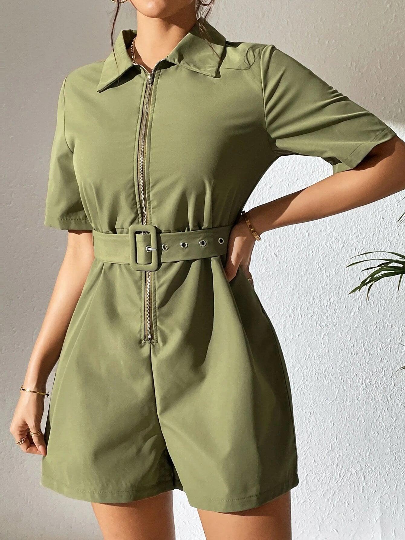 High Waist Zip Up Belted Romper-Comfy Jumpsuits