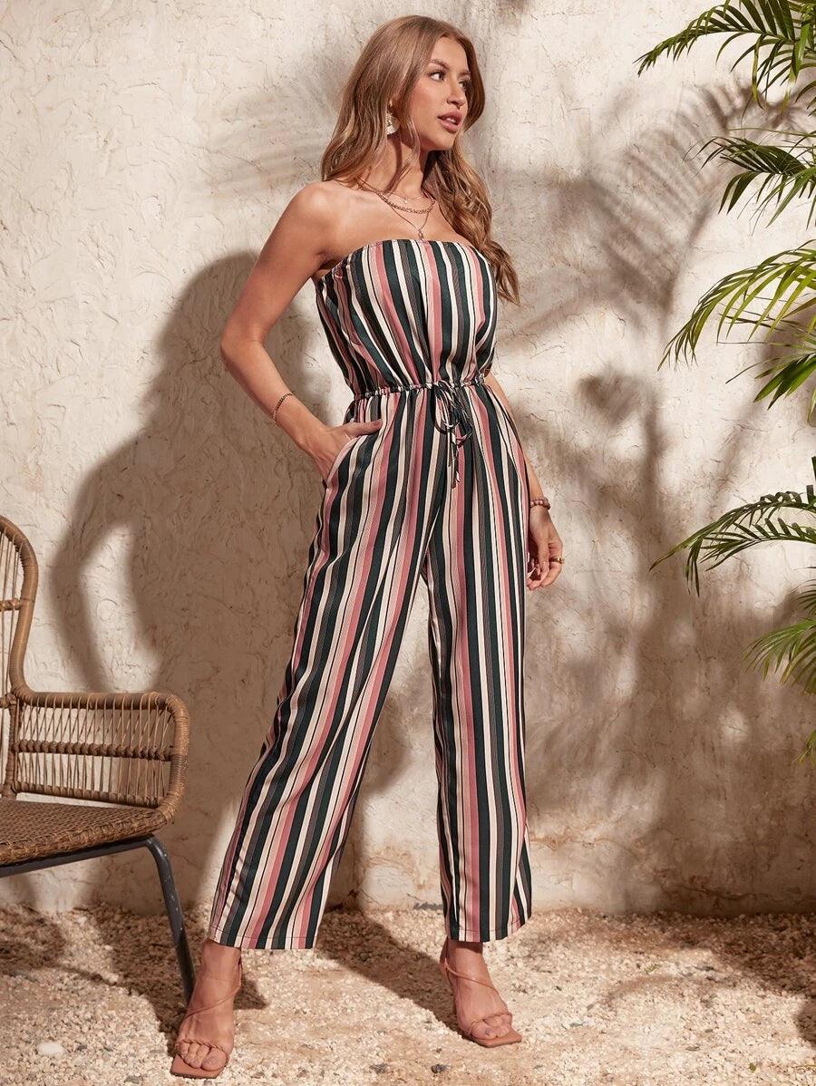 Striped Print Knot Front Hidden Pocket Tube Jumpsuit-Comfy Jumpsuits