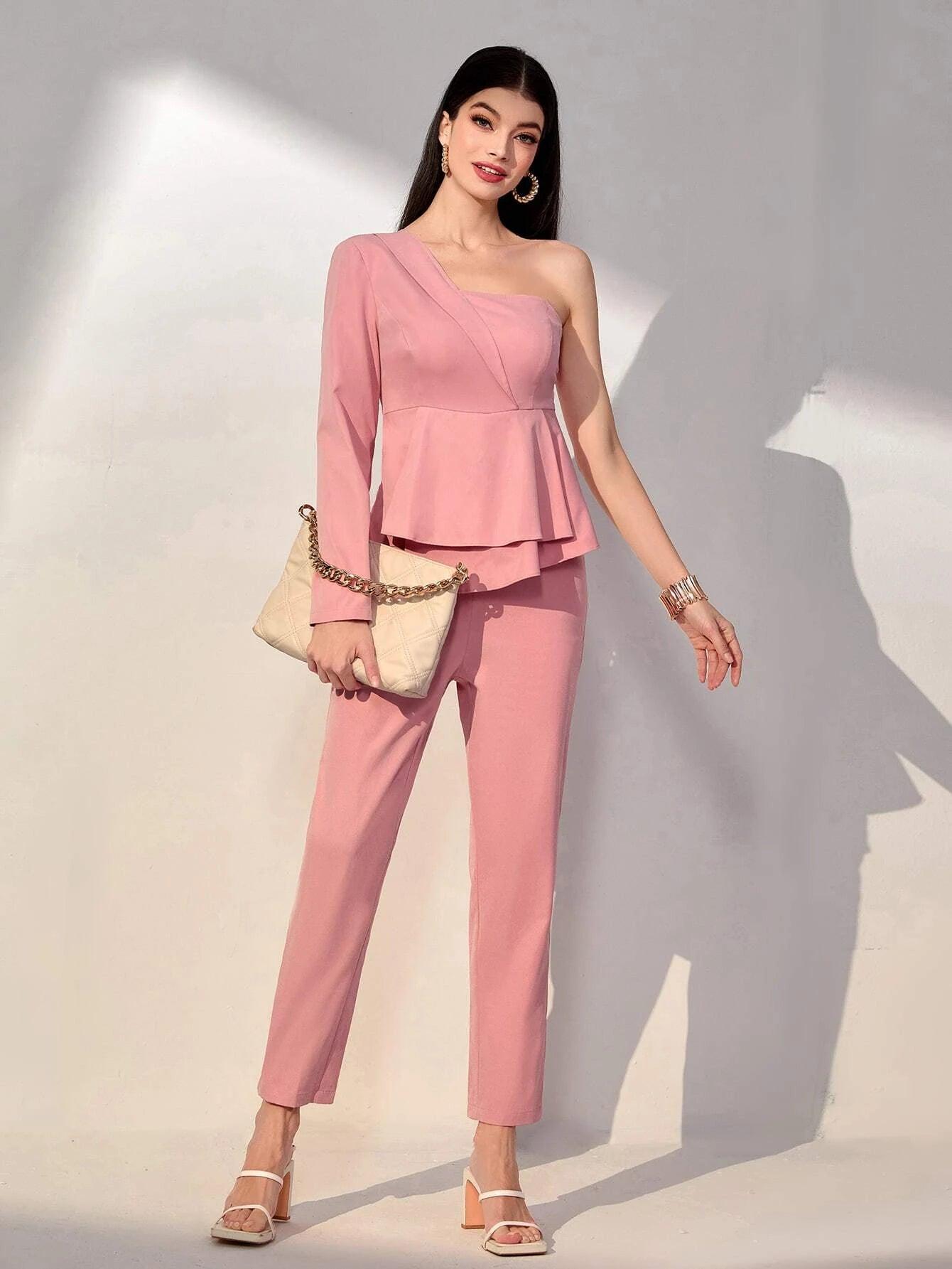 One Shoulder Ruffle Trim Jumpsuit-Comfy Jumpsuits