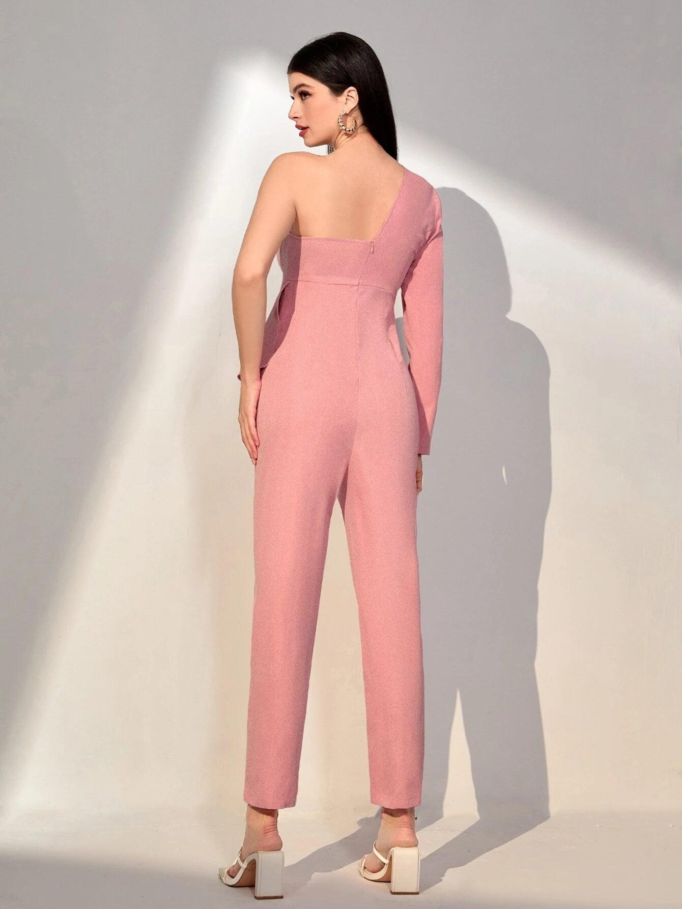 One Shoulder Ruffle Trim Jumpsuit-Comfy Jumpsuits