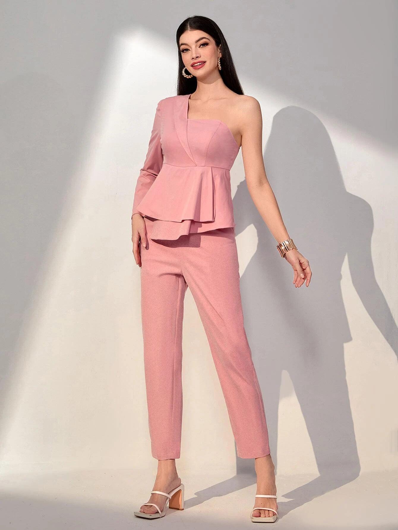 One Shoulder Ruffle Trim Jumpsuit-Comfy Jumpsuits