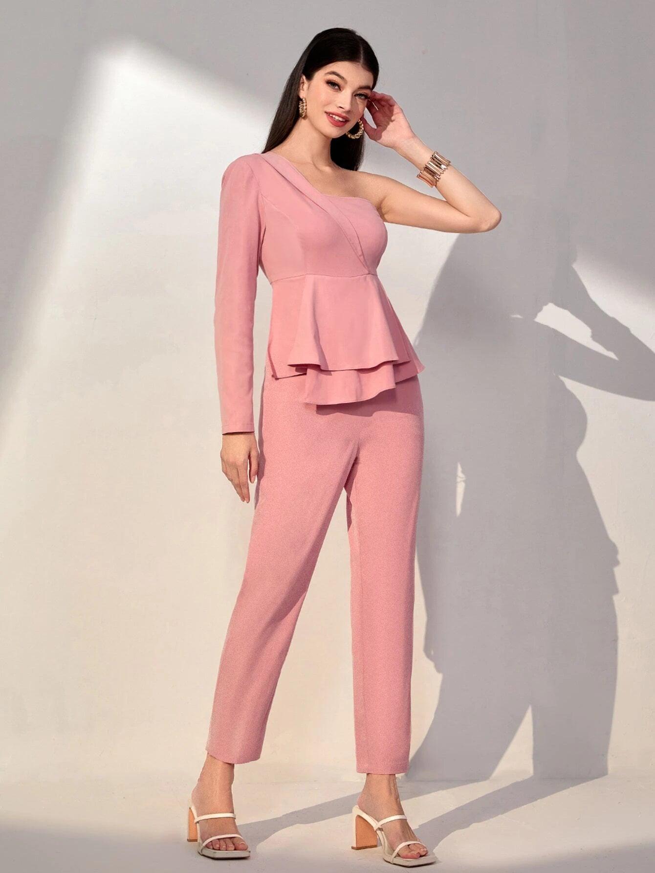 One Shoulder Ruffle Trim Jumpsuit-Comfy Jumpsuits