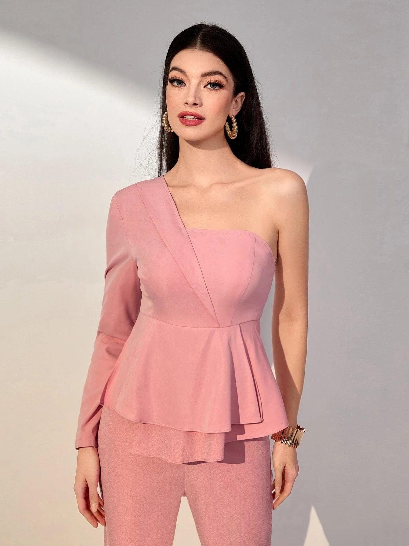 One Shoulder Ruffle Trim Jumpsuit-Comfy Jumpsuits