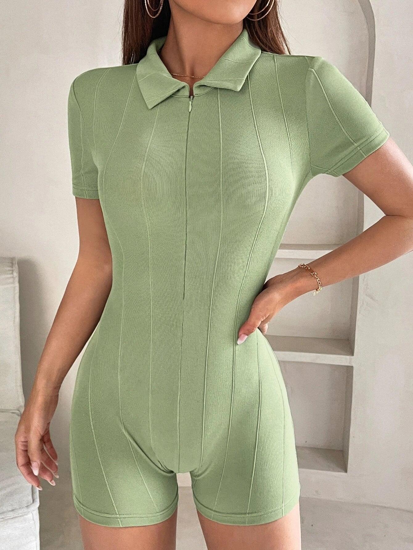 Solid Colored Half Zipper Romper-Comfy Jumpsuits