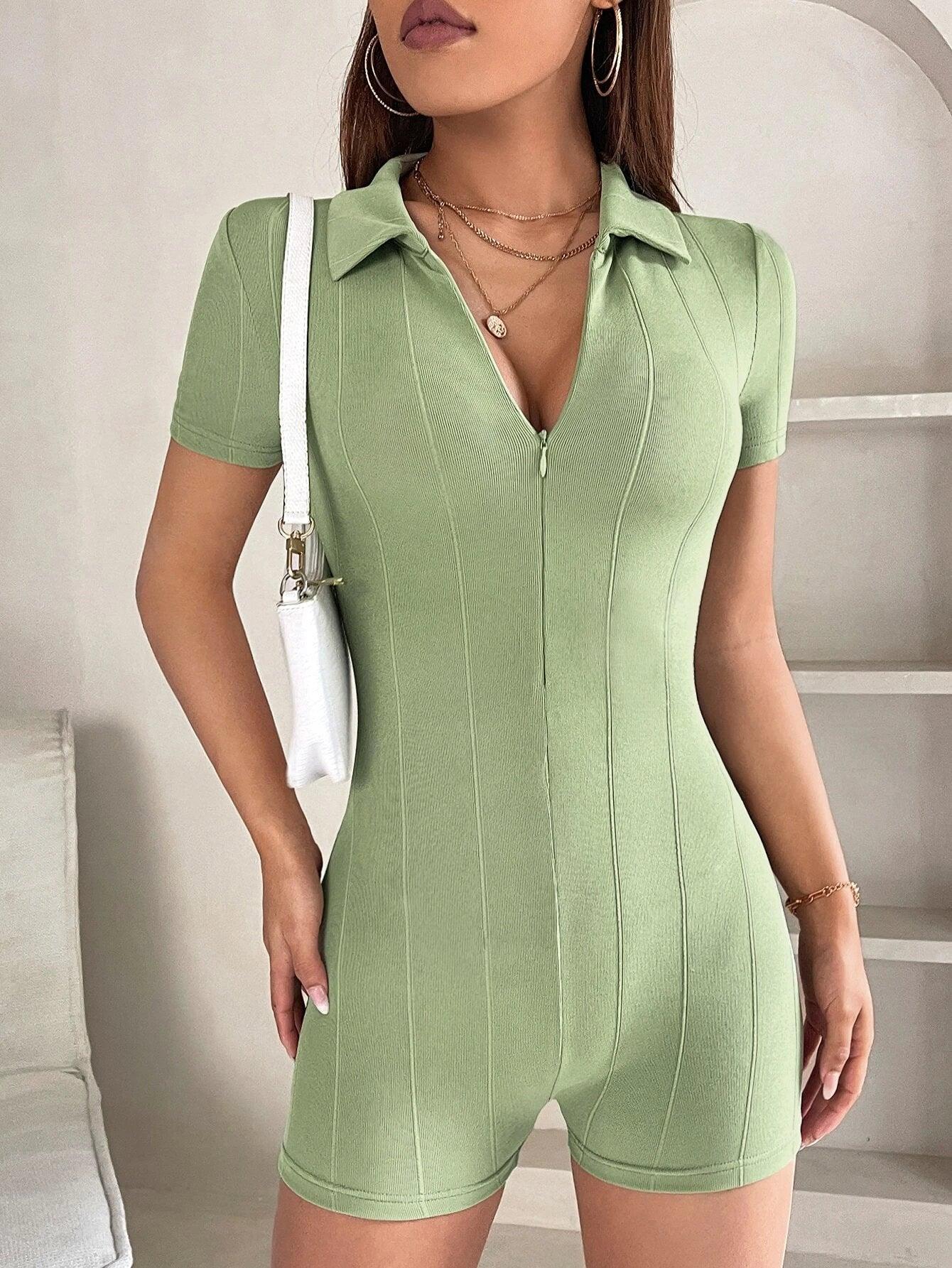 Solid Colored Half Zipper Romper-Comfy Jumpsuits