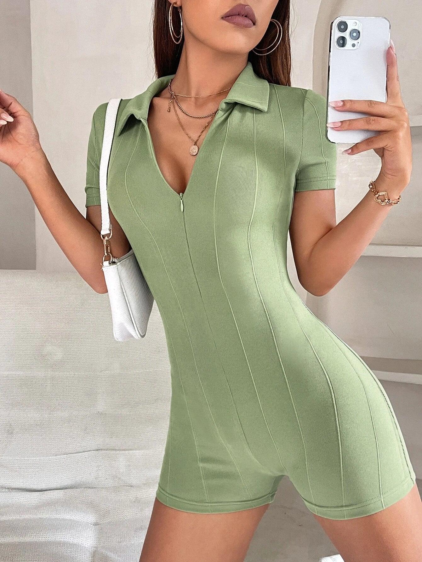 Solid Colored Half Zipper Romper-Comfy Jumpsuits