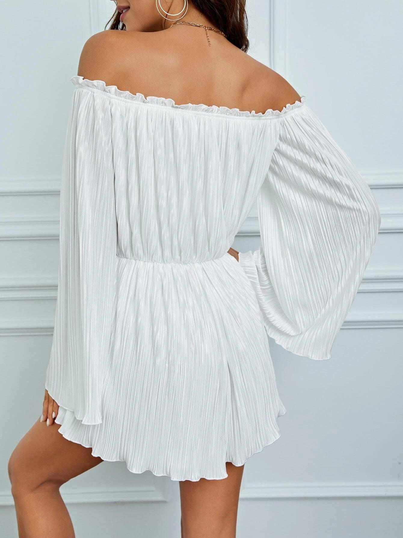 Off Shoulder Flounce Sleeve Plisse Romper-Comfy Jumpsuits