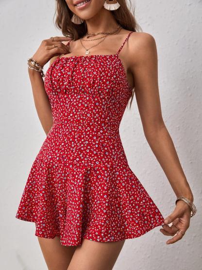 Floral Ruffle Hem Cami Romper-Comfy Jumpsuits