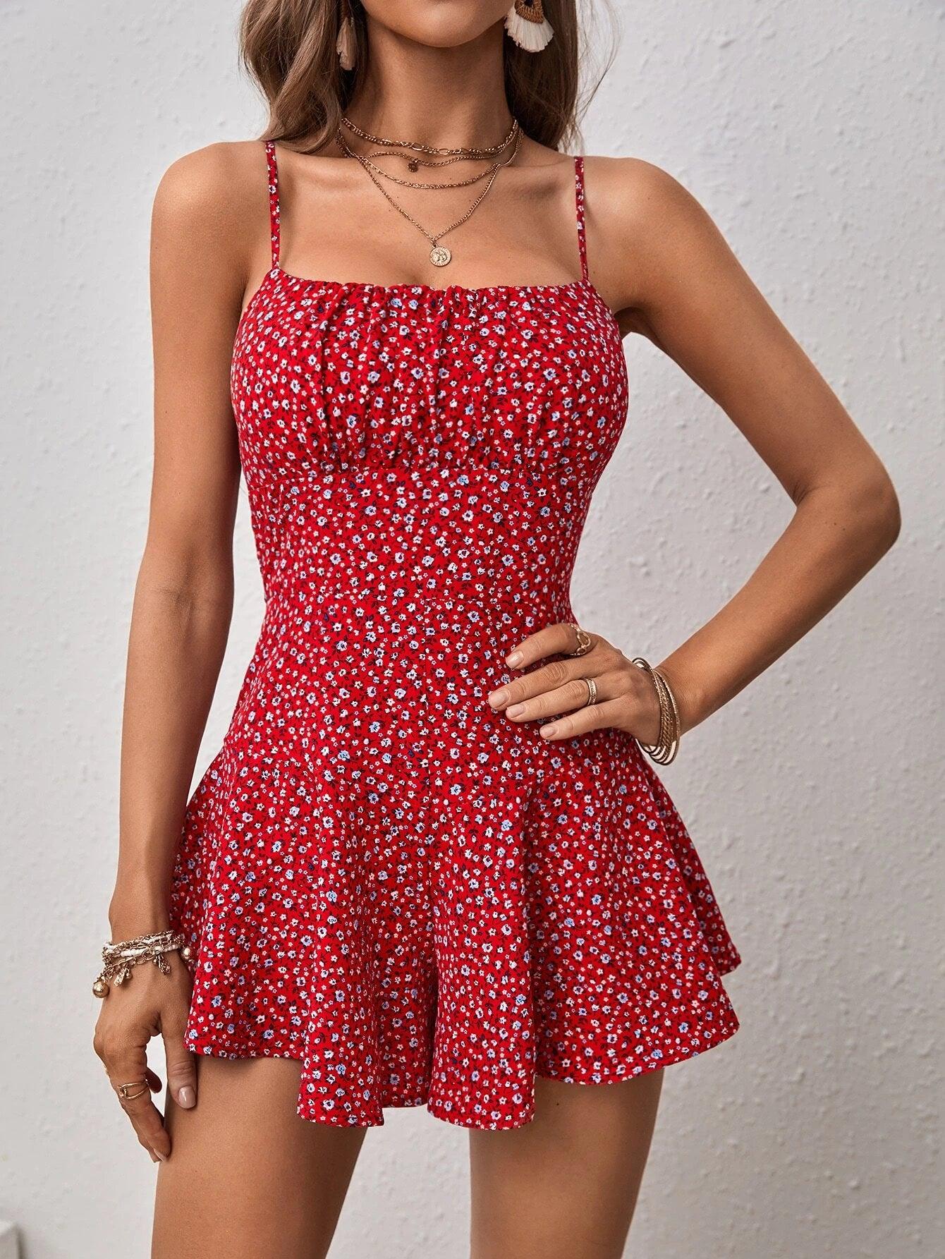 Floral Ruffle Hem Cami Romper-Comfy Jumpsuits