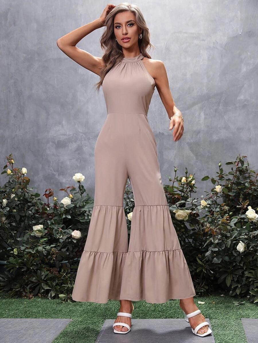 Ruffle Hem Halter Jumpsuit-Comfy Jumpsuits