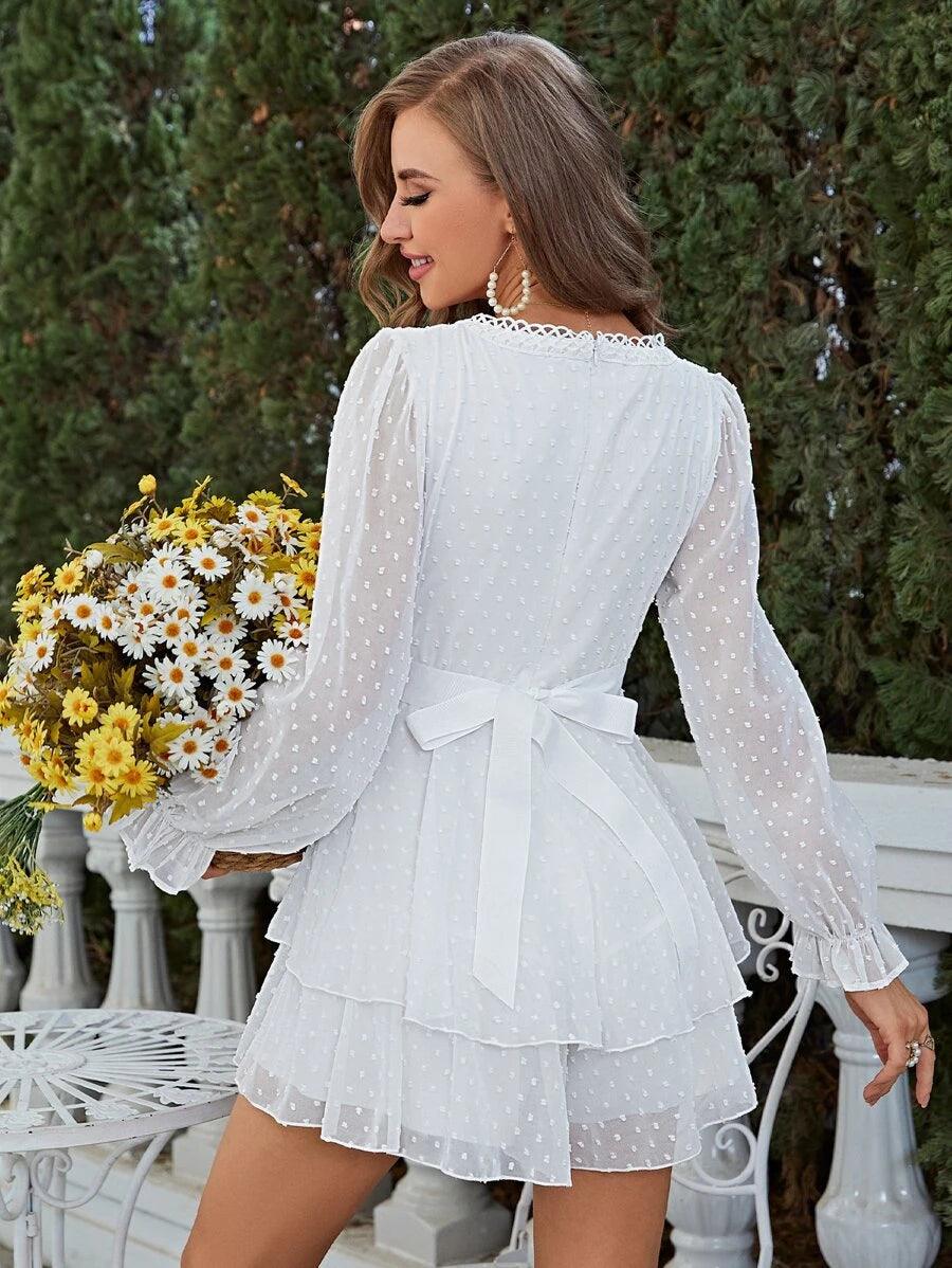 Dot Contrast Lace Flounce Sleeve Layer Hem Romper-Comfy Jumpsuits