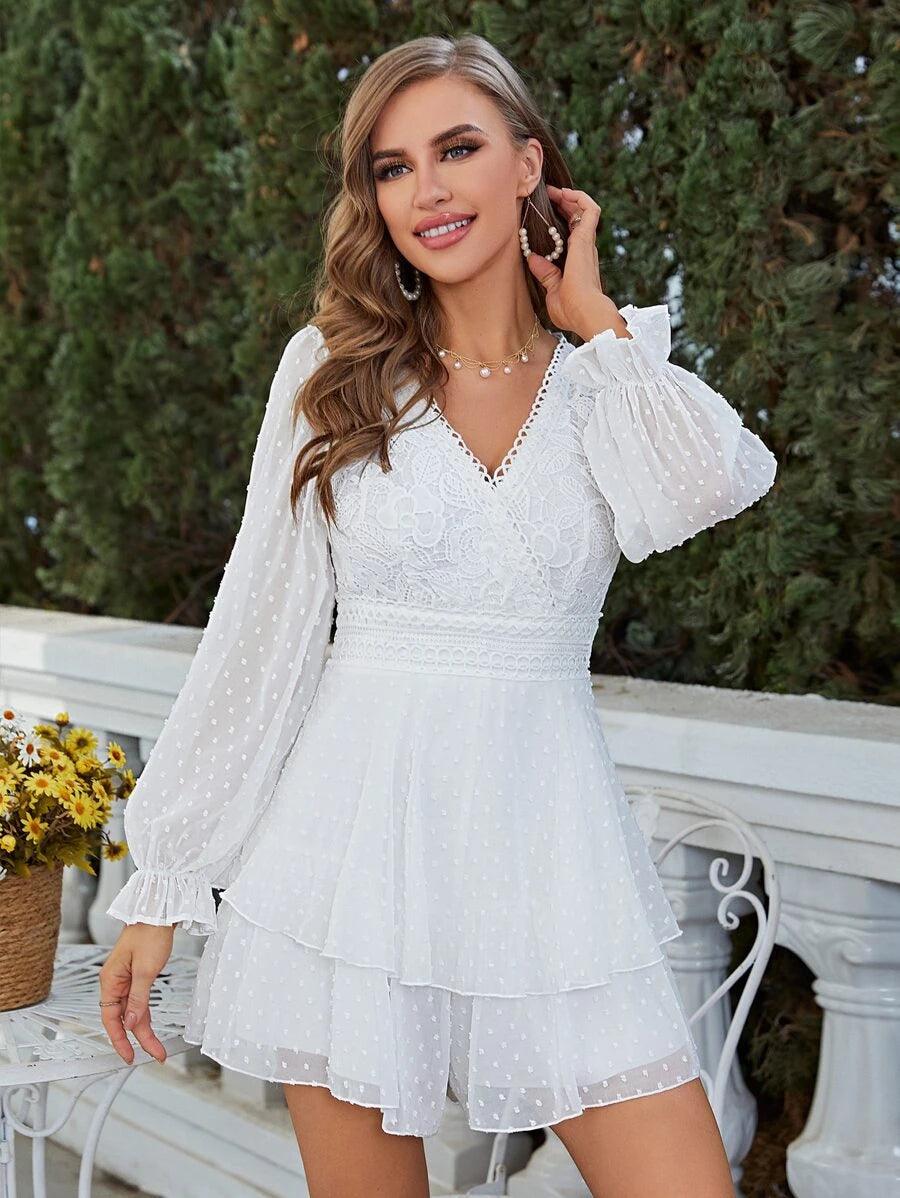 Dot Contrast Lace Flounce Sleeve Layer Hem Romper-Comfy Jumpsuits