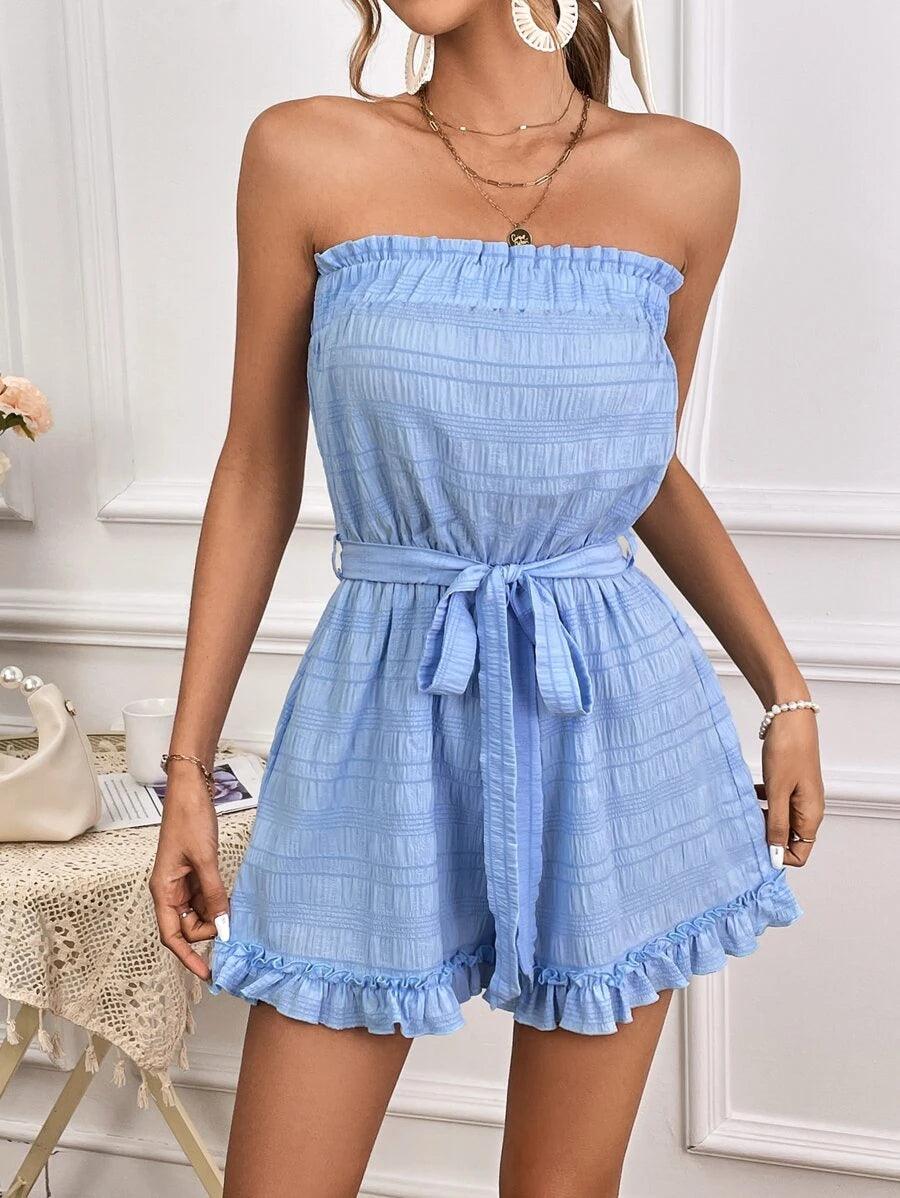 Strapless Ruffle Hem Belted Tube Romper-Comfy Jumpsuits
