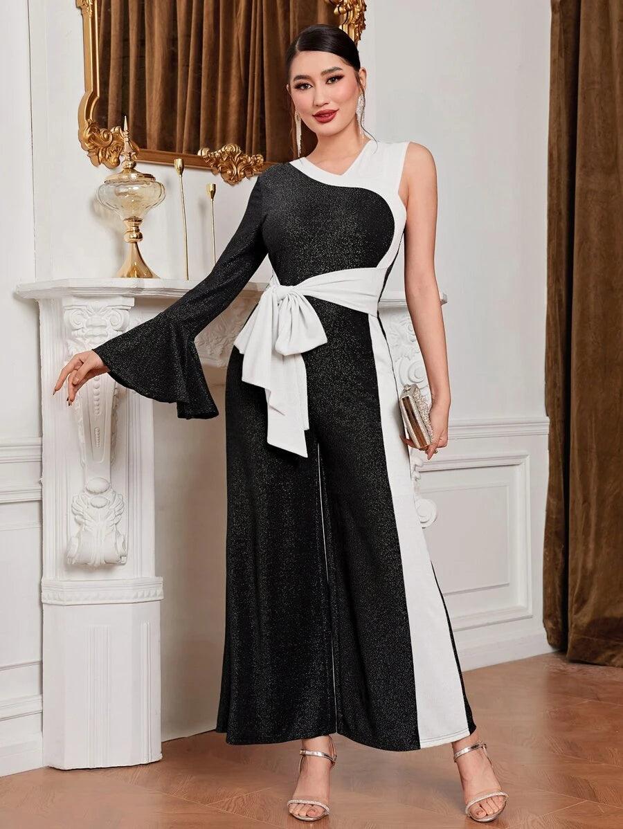 Double Tone Asymmetrical Neck Flounce Sleeve Jumpsuit-Comfy Jumpsuits