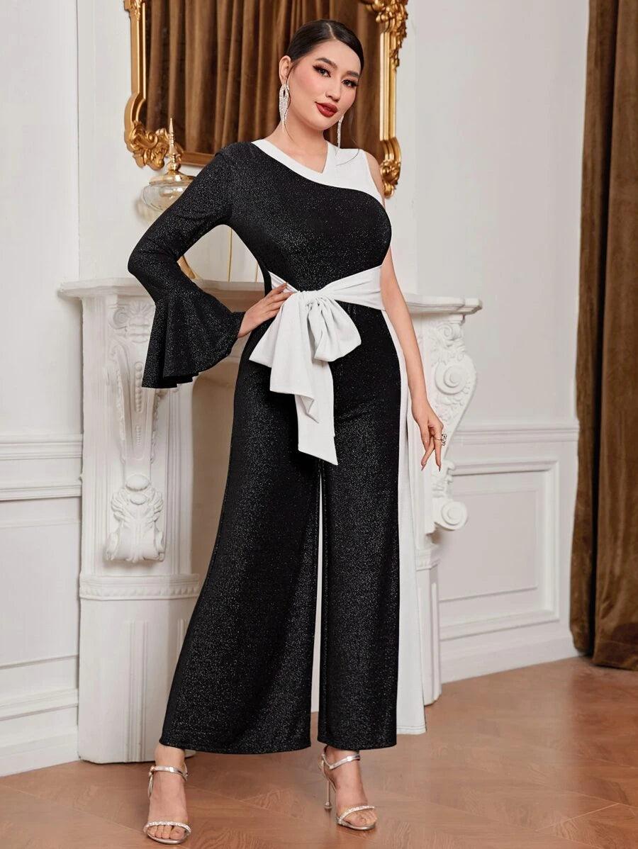 Double Tone Asymmetrical Neck Flounce Sleeve Jumpsuit-Comfy Jumpsuits