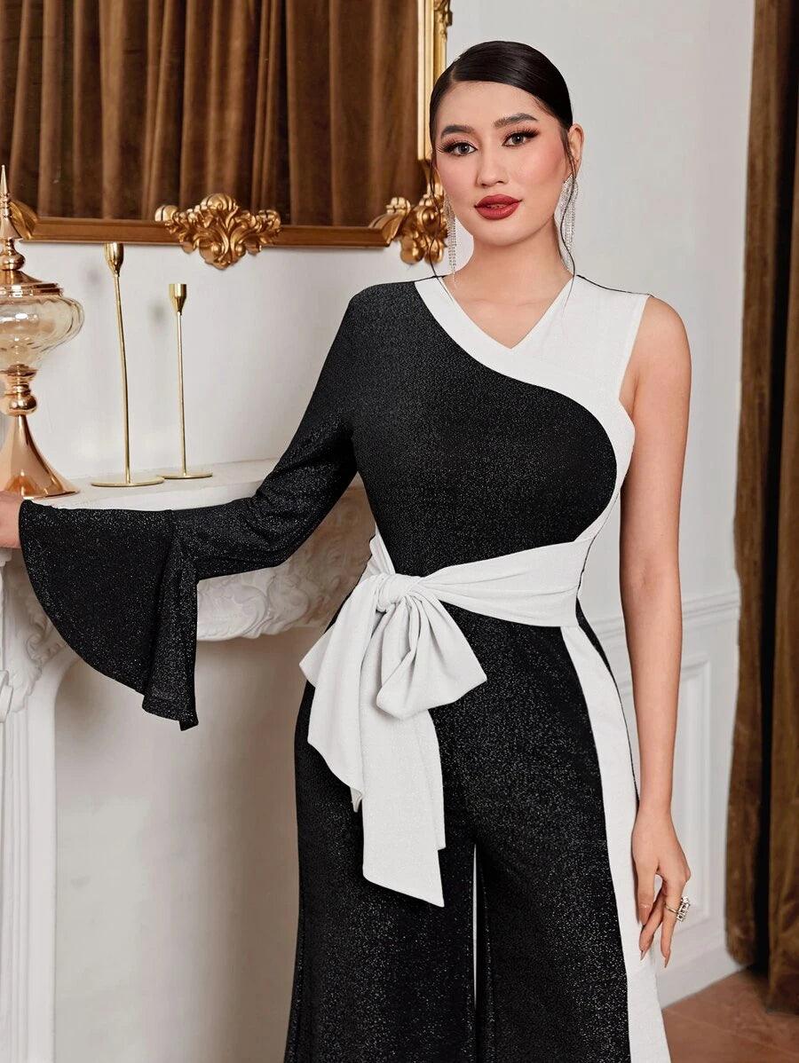 Double Tone Asymmetrical Neck Flounce Sleeve Jumpsuit-Comfy Jumpsuits