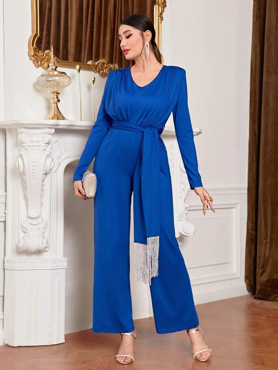 Solid Belted Wide Leg Elegant Jumpsuit-Comfy Jumpsuits