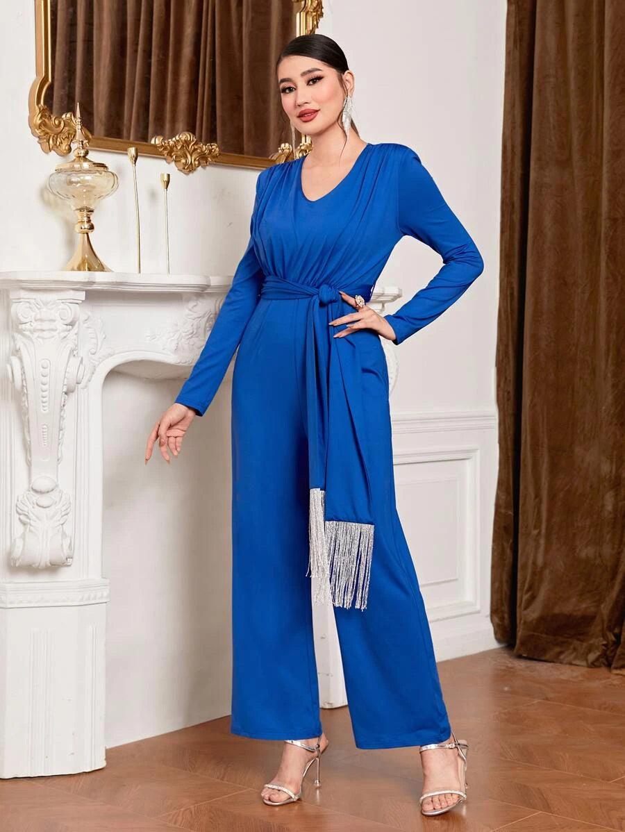 Solid Belted Wide Leg Elegant Jumpsuit-Comfy Jumpsuits