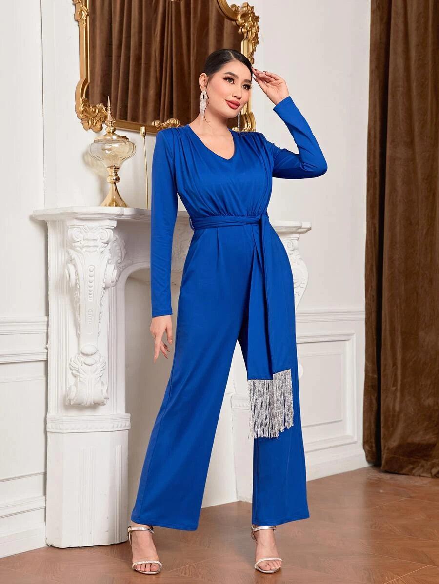 Solid Belted Wide Leg Elegant Jumpsuit-Comfy Jumpsuits