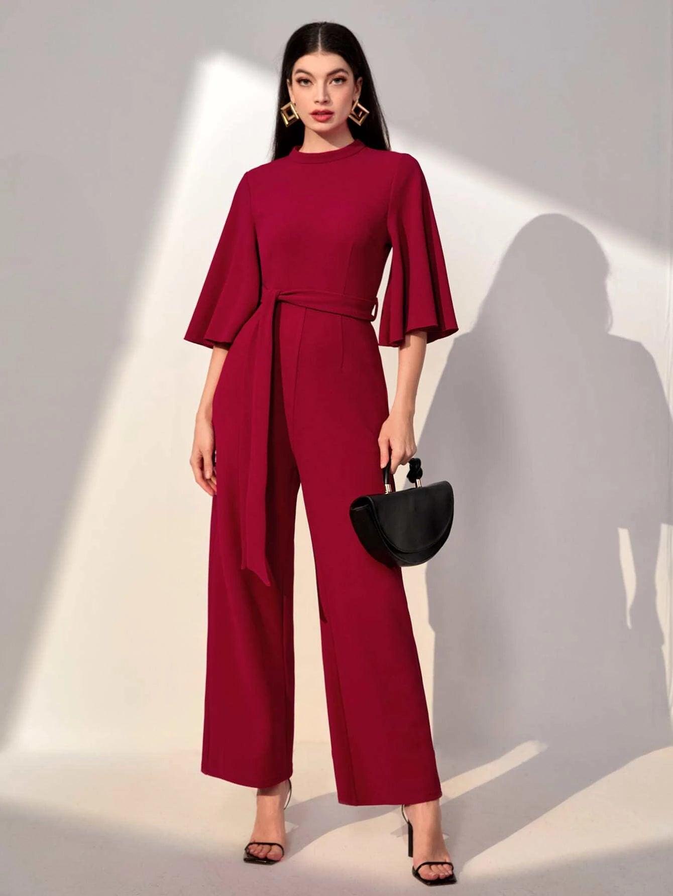 Flounce Sleeve Belted Jumpsuit-Comfy Jumpsuits