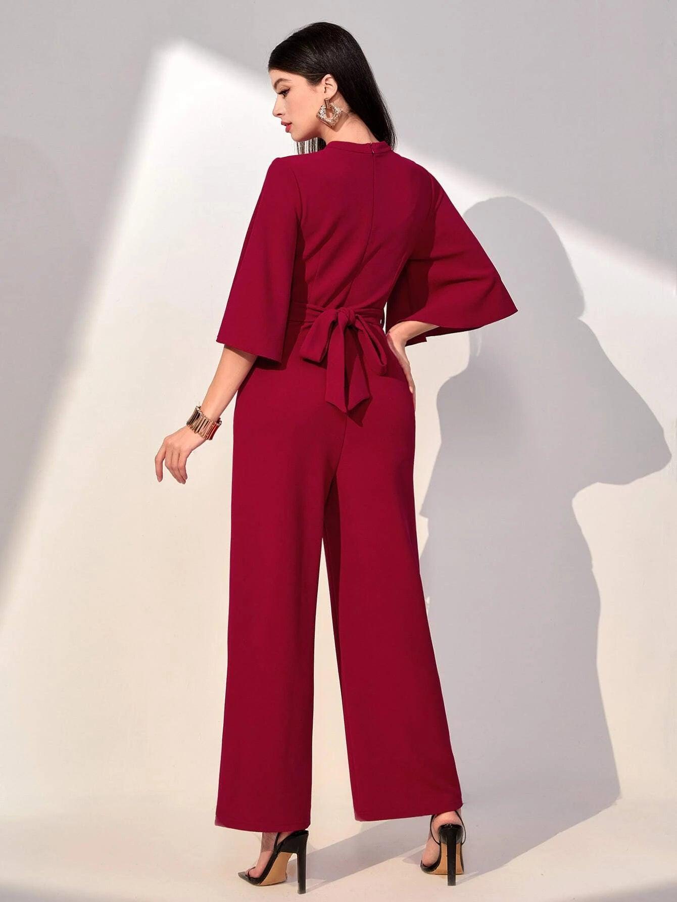 Flounce Sleeve Belted Jumpsuit-Comfy Jumpsuits