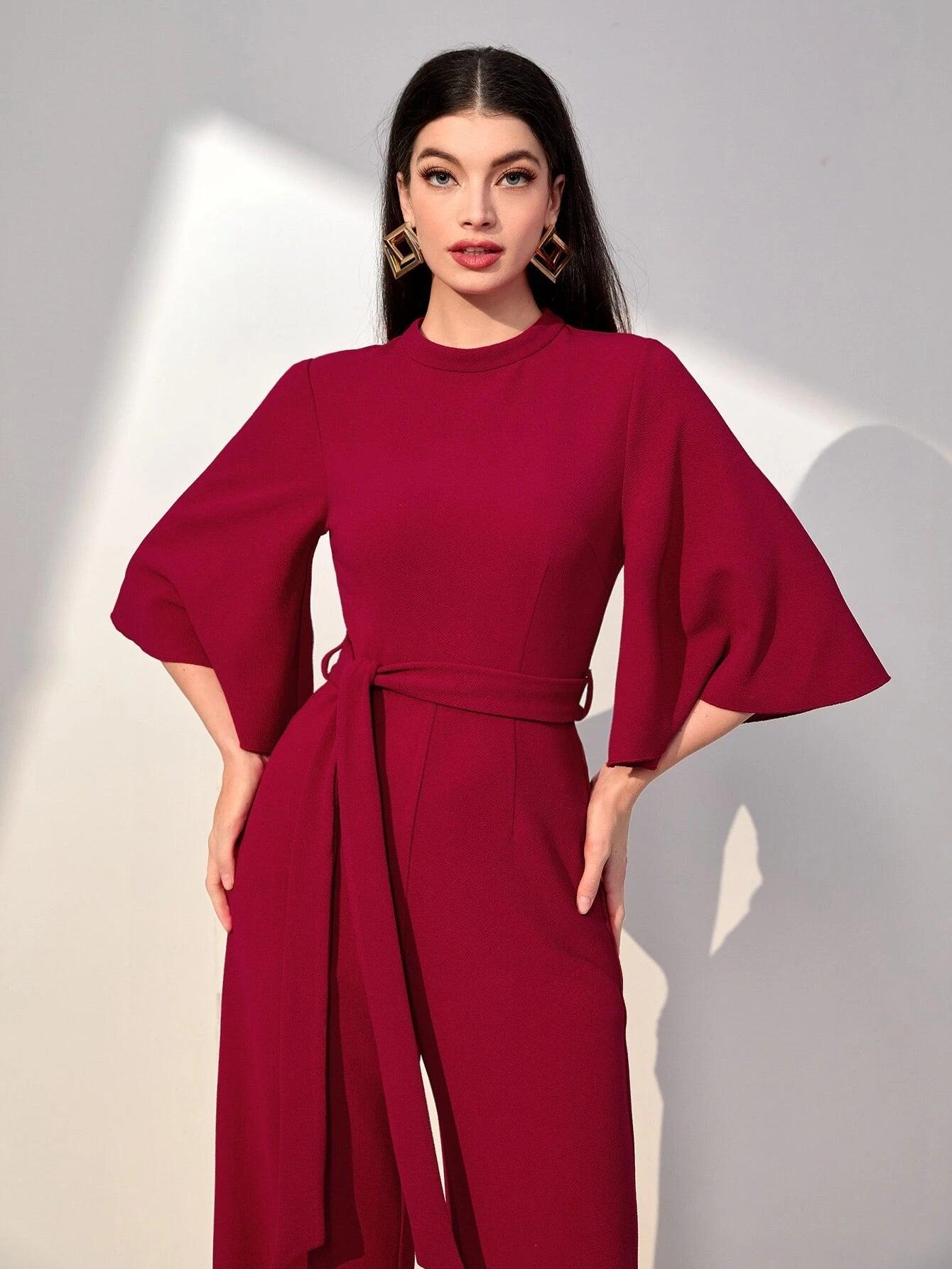 Flounce Sleeve Belted Jumpsuit-Comfy Jumpsuits