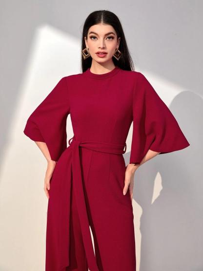 Flounce Sleeved Belted Jumpsuit-Comfy Jumpsuits