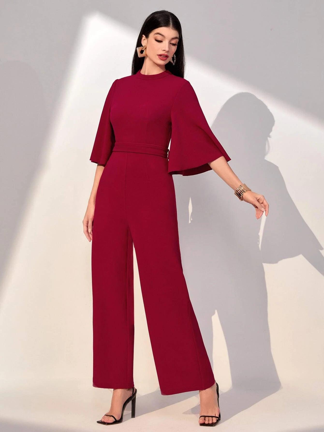 Flounce Sleeve Belted Jumpsuit-Comfy Jumpsuits