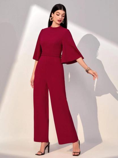 Flounce Sleeved Belted Jumpsuit-Comfy Jumpsuits